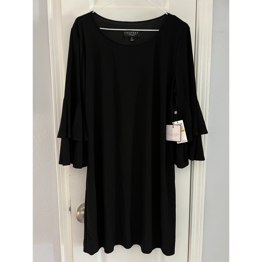 Laundry by Shelli Segal Shift Dress Medium Black Ruffle Bell Sleeve NWT $138